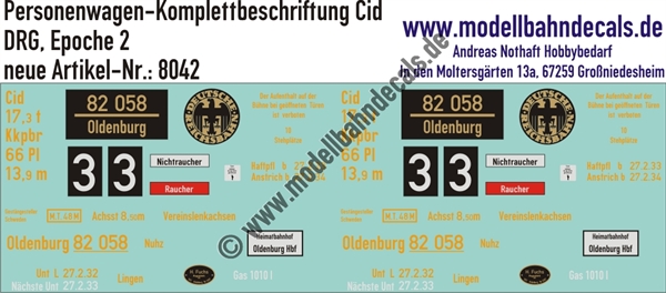 "Nass-Schiebebilder: Personenwagen Komplettbeschriftung Cid (Donnerbüchse), DRG, Epoche 2. Artikel-Nummer: 8042"