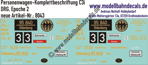 "Nass-Schiebebilder: Personenwagen Komplettbeschriftung C3i (Donnerbüchse), DRG, Epoche 2. Artikel-Nummer: 8043"