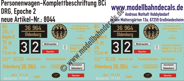 "Nass-Schiebebilder: Personenwagen Komplettbeschriftung BCi (Donnerbüchse), DRG, Epoche 2. Artikel-Nummer: 8044"
