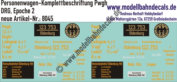 "Nass-Schiebebilder: Personenwagen Komplettbeschriftung Pwgh (Donnerbüchse), DRG, Epoche 2. Artikel-Nummer: 8045"