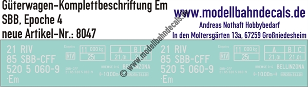 "Nass-Schiebebilder: Güterwagen-Komplettbeschriftung Em, SBB, Epoche 4. Artikel-Nummer: 8047"