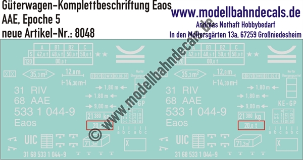 "Nass-Schiebebilder: Güterwagen-Komplettbeschriftung Eaos, AAE, Epoche 5. Artikel-Nummer: 8048"