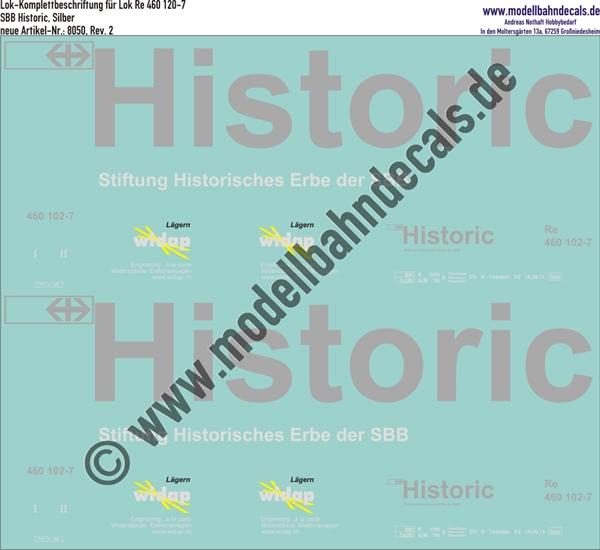 "Nass-Schiebebilder: Lokbeschriftung Re 460 102-7 (SBB Historic), Silber. Artikel-Nummer: 8050"
