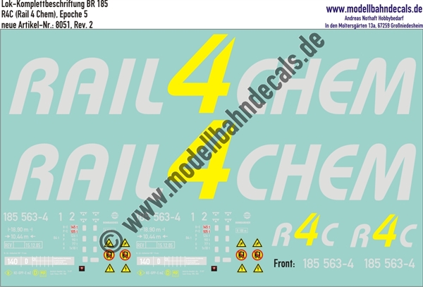 "Nass-Schiebebilder: Lok-Komplettbeschriftung BR 185, Rail4Chem (R4C), Epoche 5. Artikel-Nummer: 8051"