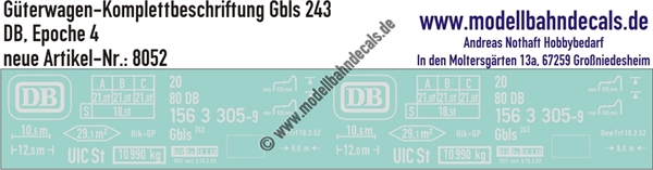 "Nass-Schiebebilder: Güterwagen Komplettbeschriftung Gbls 243, DB, Epoche 4. Artikel-Nummer: 8052"