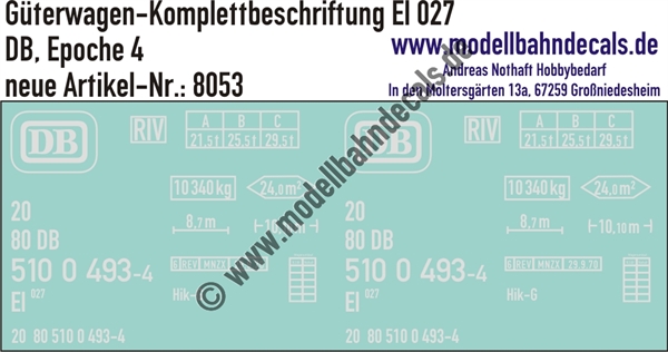 "Nass-Schiebebilder: Güterwagen Komplettbeschriftung El 027, DB, Epoche 4. Artikel-Nummer: 8053"