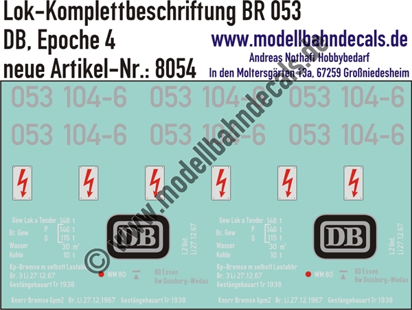 "Nass-Schiebebilder: Lok Komplettbeschriftung BR 053, DB, Epoche 4. Artikel-Nummer: 8054"