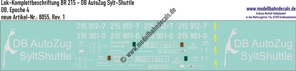 "Nass-Schiebebilder: Lok Komplettbeschriftung BR 215 (DB Sylt-Shuttle), DB, Epoche 4. Artikel-Nummer: 8055"