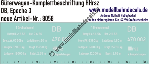 "Nass-Schiebebilder: Güterwagen-Komplettbeschriftung HHrsz, DB, Epoche 3. Artikel-Nummer: 8058"