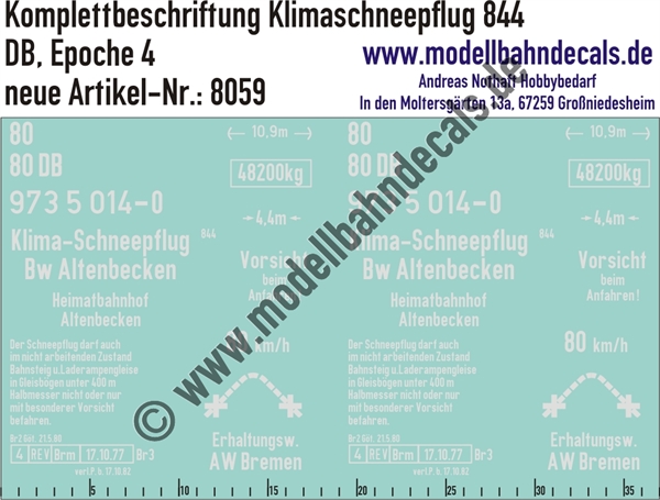 "Nass-Schiebebilder: Komplettbeschriftung Klimaschneepflug 844 (Heimat-Bw Altenbeken), DB, Epoche 4. Artikel-Nummer: 8059"