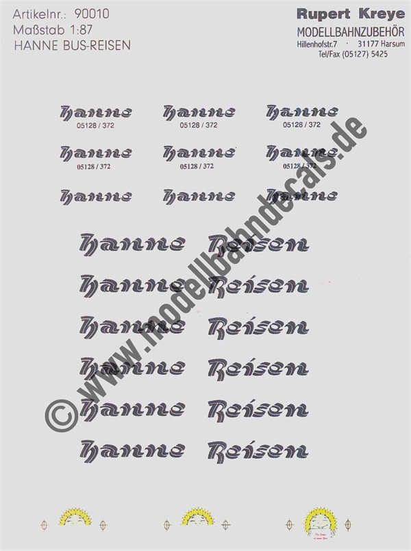 Nass-Schiebebilder: Hanne-Busreisen (Schwarz) mit Sonnensymbol - derzeit nur in H0. Artikel-Nummer: 8060