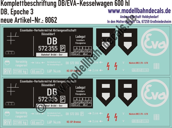 "Nass-Schiebebilder: Kesselwagen Komplettbeschriftungen DB/EVA 600 hl, DB, Epoche 3. Artikel-Nummer: 8062"