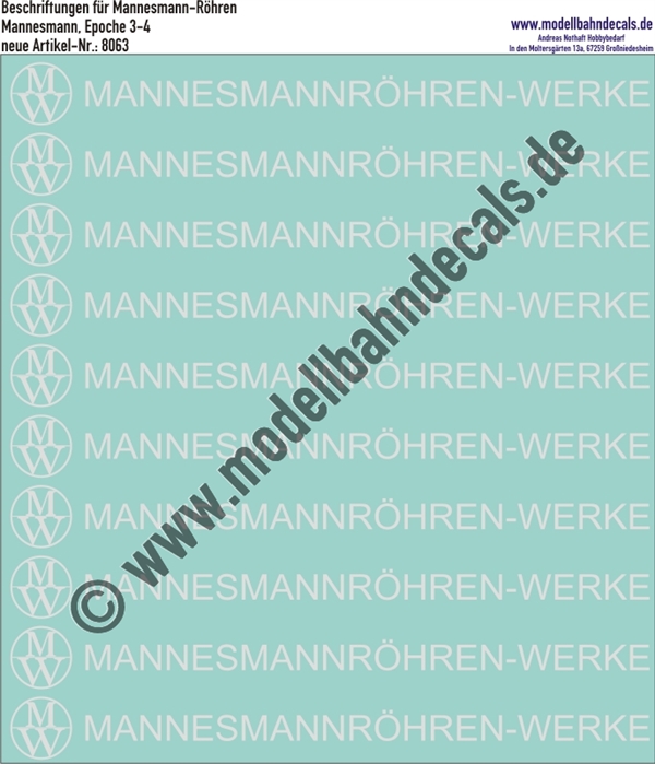 "Nass-Schiebebilder: Beschriftungen für Mannesmannröhren, Weiss. Artikel-Nummer: 8063"