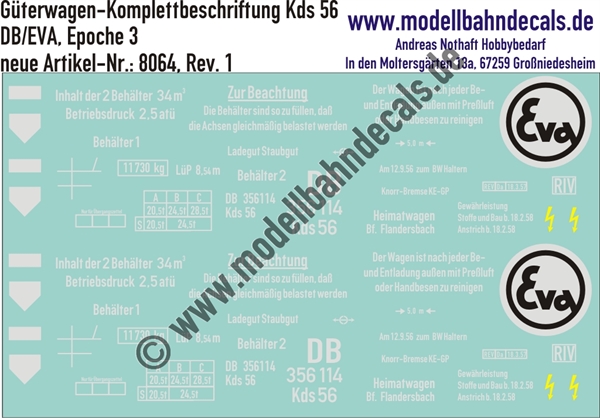 "Nass-Schiebebilder: Güterwagen-Komplettbeschriftung Kds 56, DB/EVA, Epoche 3. Artikel-Nummer: 8064"