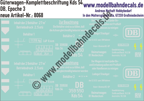"Nass-Schiebebilder: Güterwagen-Komplettbeschriftung Kds 54, DB, Epoche 3. Artikel-Nummer: 8068"