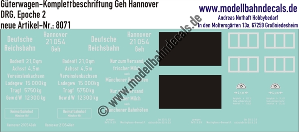 "Nass-Schiebebilder: Güterwagen-Komplettbeschriftung Geh Hannover (Milchwagen München), DRG, Epoche 2. Artikel-Nummer: 8071"