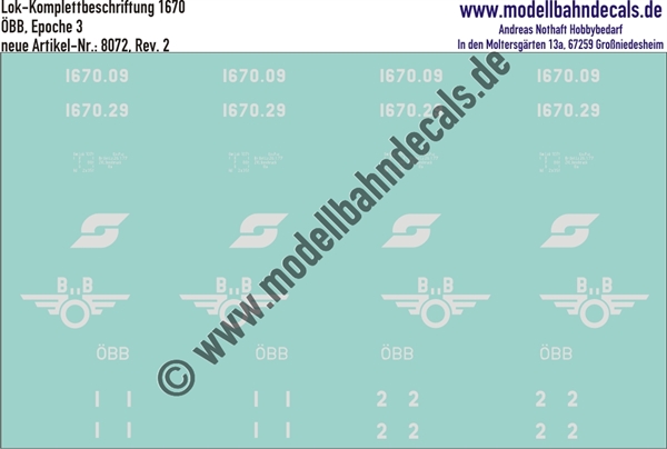 "Nass-Schiebebilder: Lok Komplettbeschriftung BR 1670, ÖBB, Epoche 3 mit 2 Logo-Varianten. Artikel-Nummer: 8072"
