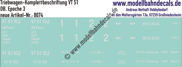 "Nass-Schiebebilder: Triebwagen Komplettbeschriftung VT 51, DB, Epoche 3. Artikel-Nummer: 8074"