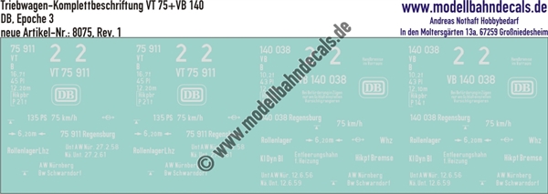 "Nass-Schiebebilder: Triebwagen Komplettbeschriftung VT 75+VB 140, DB, Epoche 3. Artikel-Nummer: 8075"