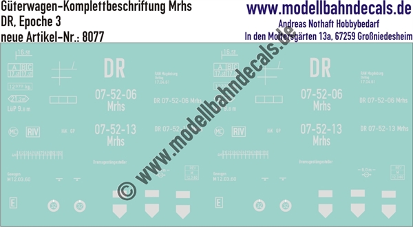 "Nass-Schiebebilder: Güterwagen Komplettbeschriftung für Mrhs, DR, Epoche 3. Artikel-Nummer: 8077"