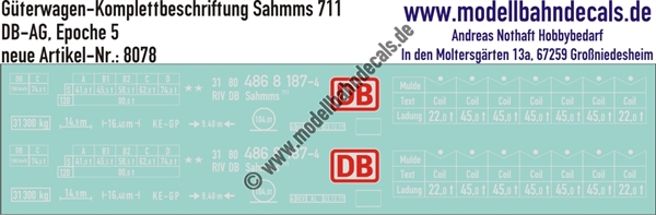 "Nass-Schiebebilder: Güterwagen-Komplettbeschriftung für Sahmms 711, DB-AG, Epoche 5. Artikel-Nummer: 8078"