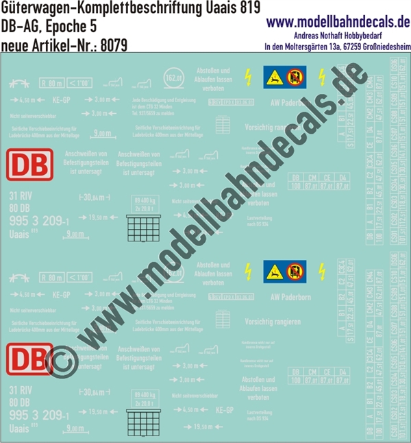 "Nass-Schiebebilder: Güterwagen-Komplettbeschriftung für Uaais 819, DB-AG, Epoche 5. Artikel-Nummer: 8079"