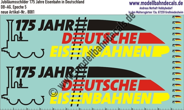 "Nass-Schiebebilder: Jubiläumsschilder 175 Jahre Eisenbahn in Deutschland, Schwarz, Rot, Gelb. Artikel-Nummer: 8081"