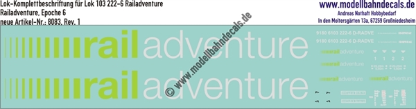 "Nass-Schiebebilder: Lok Komplettbeschriftung Lok 103 222-6, Rail-adventure, Epoche 6. Artikel-Nummer: 8083"