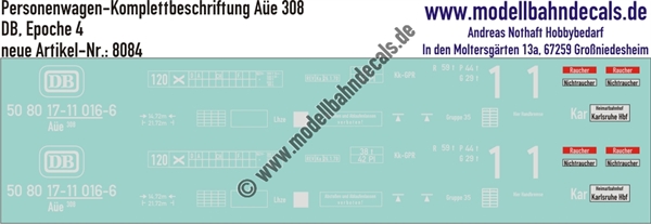 "Nass-Schiebebilder: Personenwagen Komplettbeschriftungen für Aüe 308, DB, Epoche 4. Artikel-Nummer: 8084"