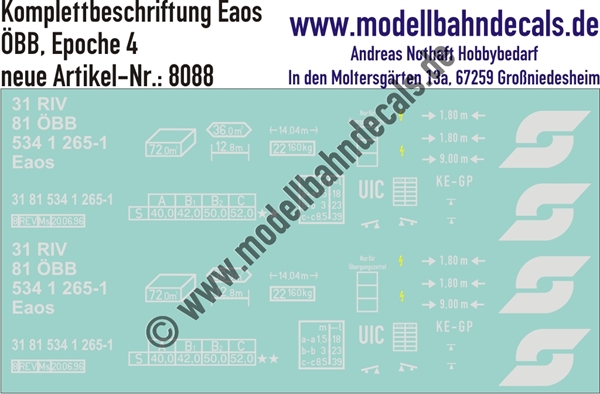 "Nass-Schiebebilder: Güterwagen Komplettbeschriftungen Eaos, ÖBB, Epoche 4. Artikel-Nummer: 8088"