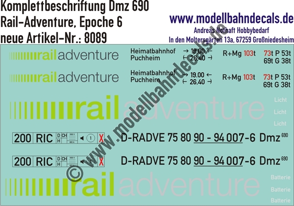 "Nass-Schiebebilder: Güterwagen Komplettbeschriftungen Dmz 690, Rail-Adventure, Epoche 6. Artikel-Nummer: 8089"