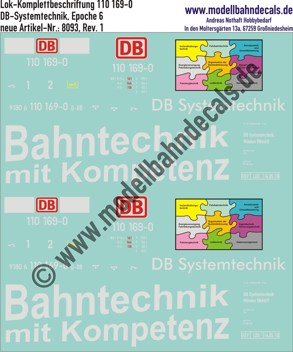 "Nass-Schiebebilder: Lok-Komplettbeschriftung 110 169-0, DB-Systemtechnik mit Puzzle-Logo, Bahntechnik mit Kompetenz, DB-AG, Epoche 5. Artikel-Nummer: 8093"