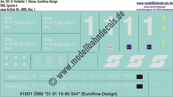 "Nass-Schiebebilder: Personenwagen-Komplettbeschriftung ÖBB Am UIC-X-Vorläufer 1. Klasse, Eurofima-Design, Epoche 4. Artikel-Nummer: 8095"