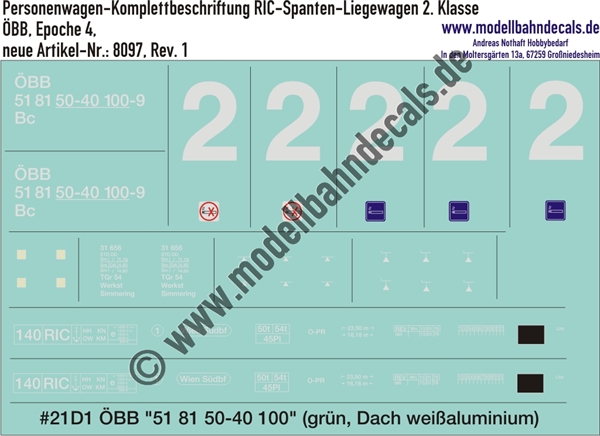 Nass-Schiebebilder: Komplettbeschriftungssatz für RIC-Liegewagen der ÖBB (Umbau aus einem Schürzen-Schlafwagen). Artikel-Nummer: 8097