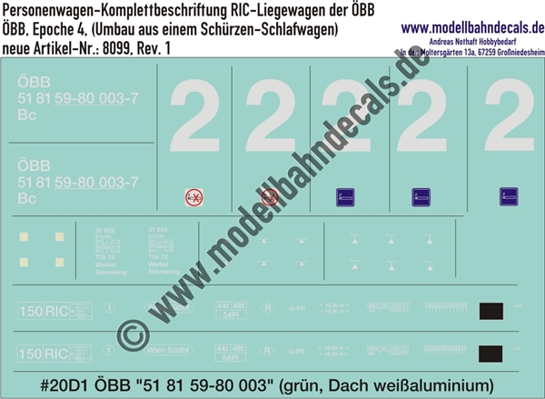 Nass-Schiebebilder: Komplettbeschriftungssatz für RIC-Spanten-Liegewagen der ÖBB. Artikel-Nummer: 8099