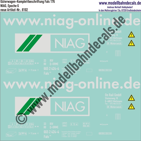 "Nass-Schiebebilder: Güterwagen Komplettbeschriftungen Fals 176, NIAG, Epoche 6. Artikel-Nummer: 8102"