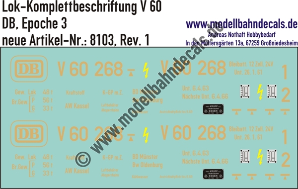 "Nass-Schiebebilder: Lok Komplettbeschriftung V 60, sandgelb, DB, Epoche 3. Artikel-Nummer: 8103"