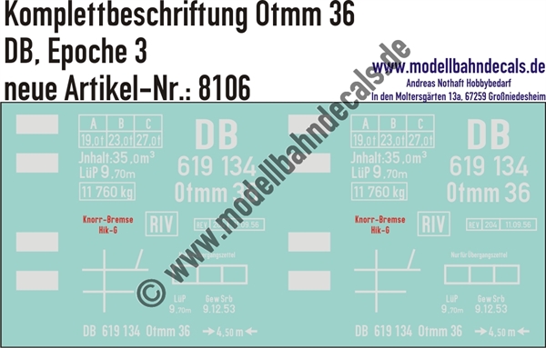 "Nass-Schiebebilder: Güterwagen-Komplettbeschriftung Otmm 36, DB, Epoche 3. Artikel-Nummer: 8106"