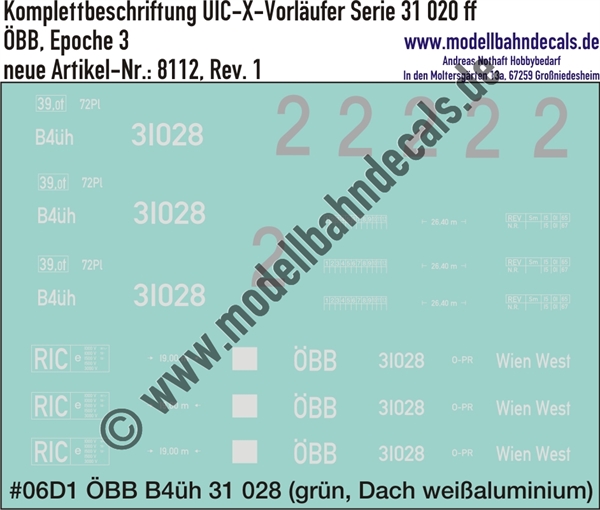 Nass-Schiebebilder: Komplettbeschriftungssatz für UIC-X-Vorläufer der ÖBB Serie 31 020 ff der ÖBB. Artikel-Nummer: 8112