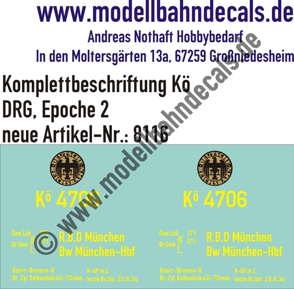 Nass-Schiebebilder: Komplettbeschriftung (gelb) für eine Kö der DRG mit goldenem Reichsbahnadler. Artikel-Nummer: 8116