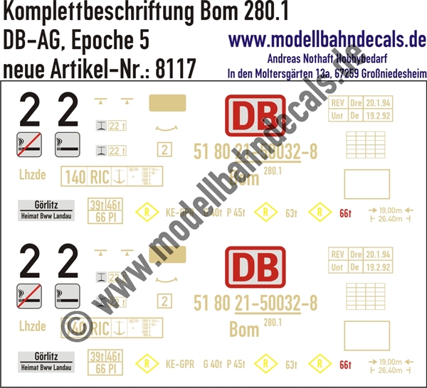 "Nass-Schiebebilder: Komplettbeschriftung meist Elfenbein für einen Bom 280.1 der DB-AG, Epoche 5. Artikel-Nummer: 8117"