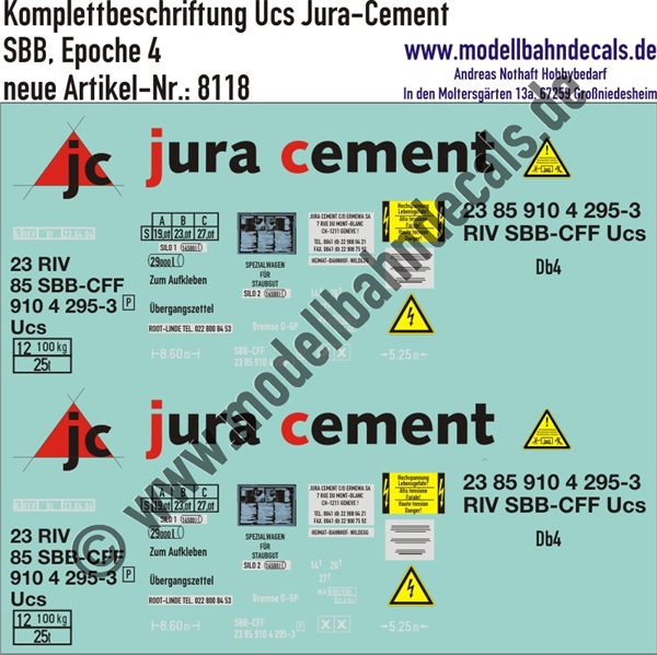 "Nass-Schiebebilder: Komplettbeschriftung Ucs Jura-Cement der SBB, Epoche 4. Artikel-Nummer: 8118"