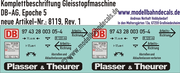 "Nass-Schiebebilder: Komplettbeschriftung für eine Plasser und Theurer Gleisstopfmaschine, DB-AG, Epoche 5. Artikel-Nummer: 8119"