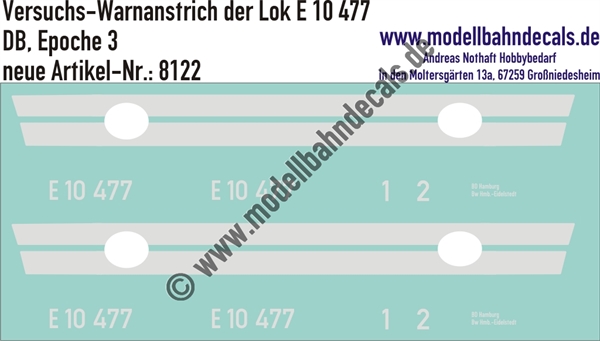 "Nass-Schiebebilder: Versuchs-Warnanstrich der Lok E 10 477, DB, Epoche 3. Artikel-Nummer: 8122"