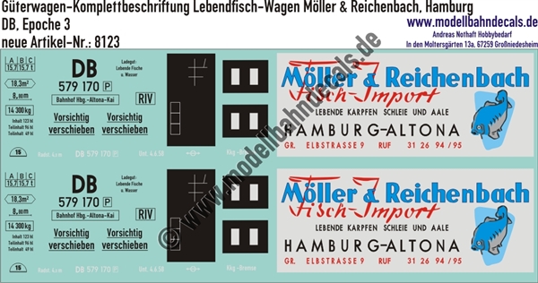 "Nass-Schiebebilder: Güterwagen-Komplettbeschriftung Lebendfisch-Wagen Möller & Reichenbach, Hamburg, DB, Epoche 3. Artikel-Nummer: 8123"