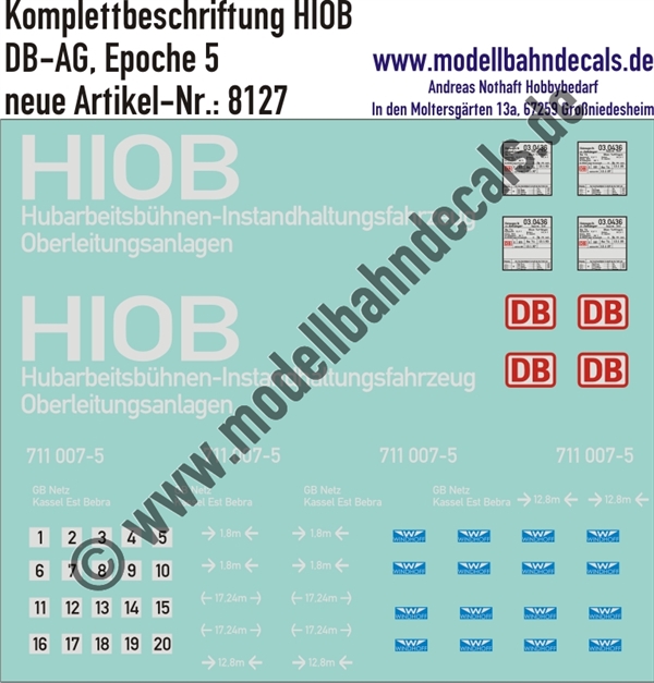 "Nass-Schiebebilder: Teilbeschriftung HIOB (Hubarbeitsbühnen-Instandhaltungsfahrzeug Oberleitungsanlagen), DB, Epoche 5. Artikel-Nummer: 8127"