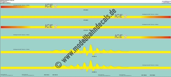 "Nass-Schiebebilder: Komplettbeschriftung für ICE S (Sinus), Zierstreifen + Fahrzeugnummern. Artikel-Nummer: 8130"
