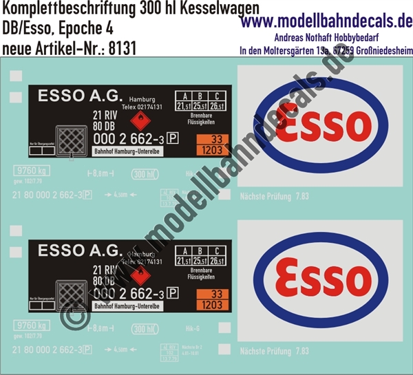 "Nass-Schiebebilder: Komplettbeschriftung Kesselwagen 300 hl, DB/Esso, Epoche 4. Artikel-Nummer: 8131"