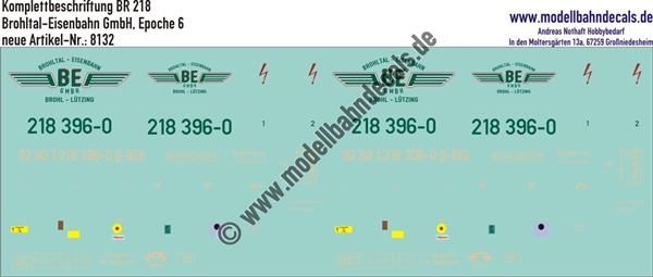 "Nass-Schiebebilder: Komplettbeschriftung BR 218, Brohltal-Eisenbahn GmbH, Epoche 6. Artikel-Nummer: 8132"