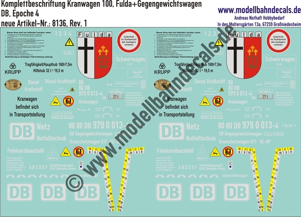 "Nass-Schiebebilder: Komplettbeschriftung Kranwagen 100, Fulda+Gegengewichtswagen, DB, Epoche 4. Artikel-Nummer: 8136"